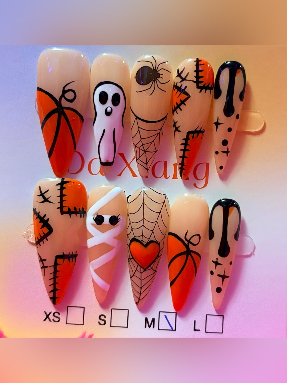 Halloween Nail Art Press-On Set - Orange & Black Ghost, Spider, Mummy Designs